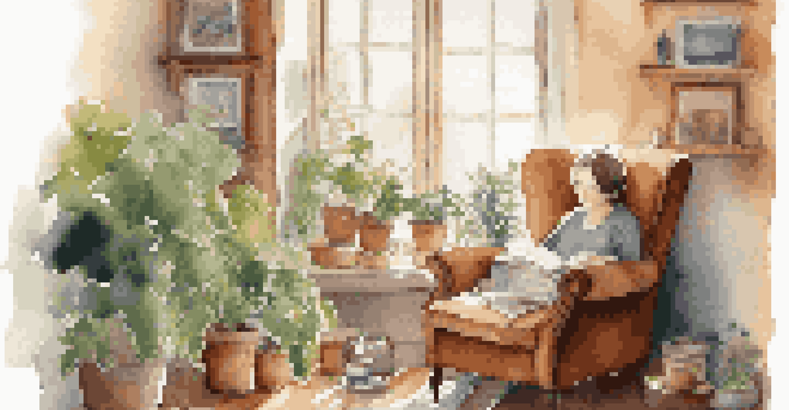 A warm indoor setting with a person journaling by a window, surrounded by plants and a cup of tea.