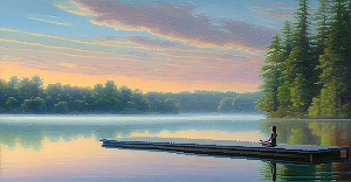 A lone person practicing yoga on a dock by a misty lake at sunrise, surrounded by greenery.