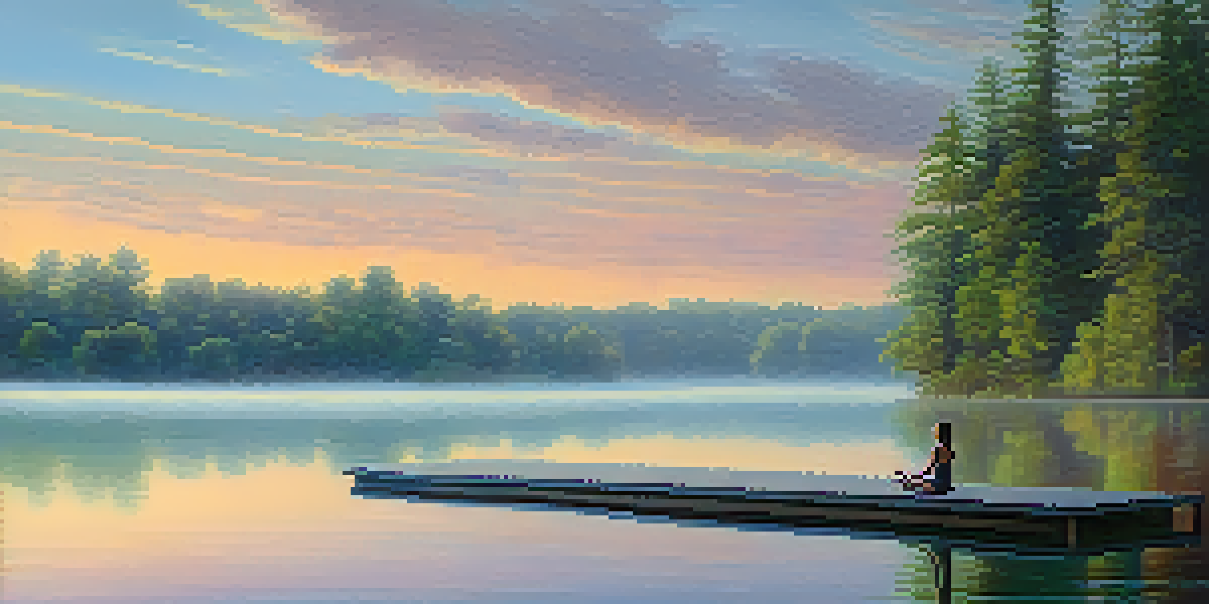 A lone person practicing yoga on a dock by a misty lake at sunrise, surrounded by greenery.