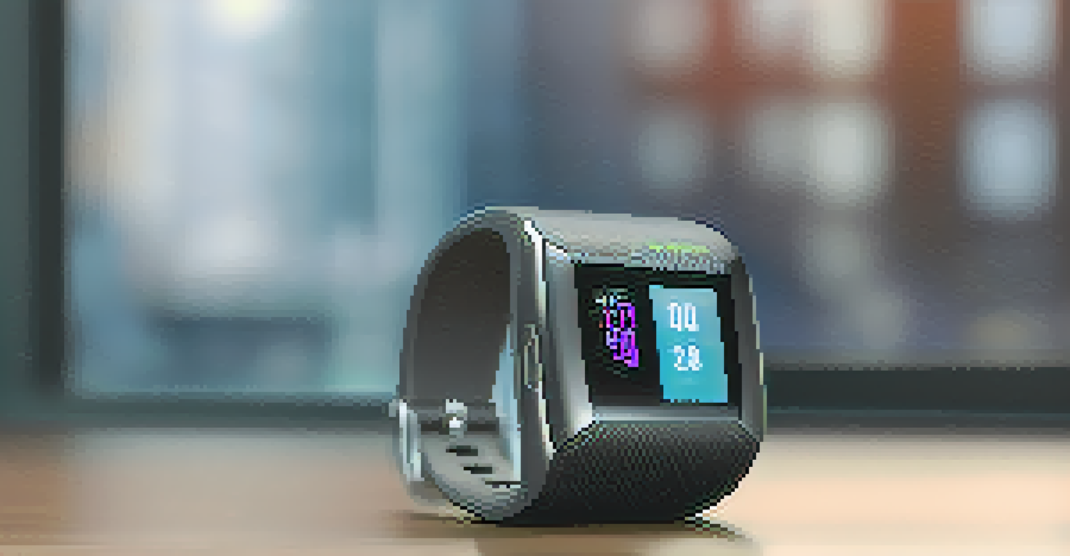 A close-up of a fitness tracker showing heart rate and stress levels, with an office setting in the background.