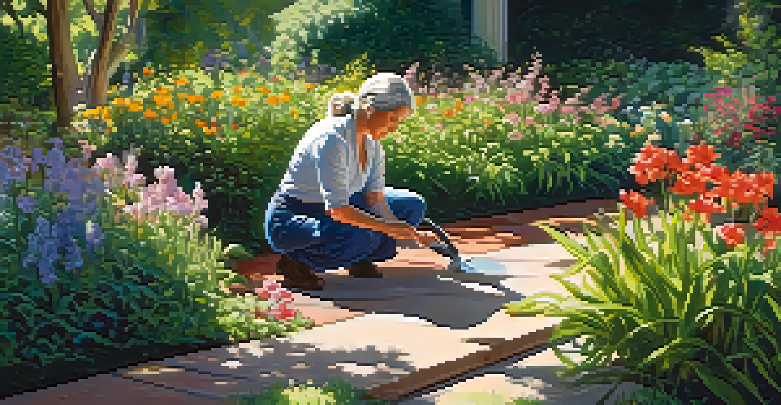 A woman gardening in a colorful flower garden, kneeling on grass and removing weeds.