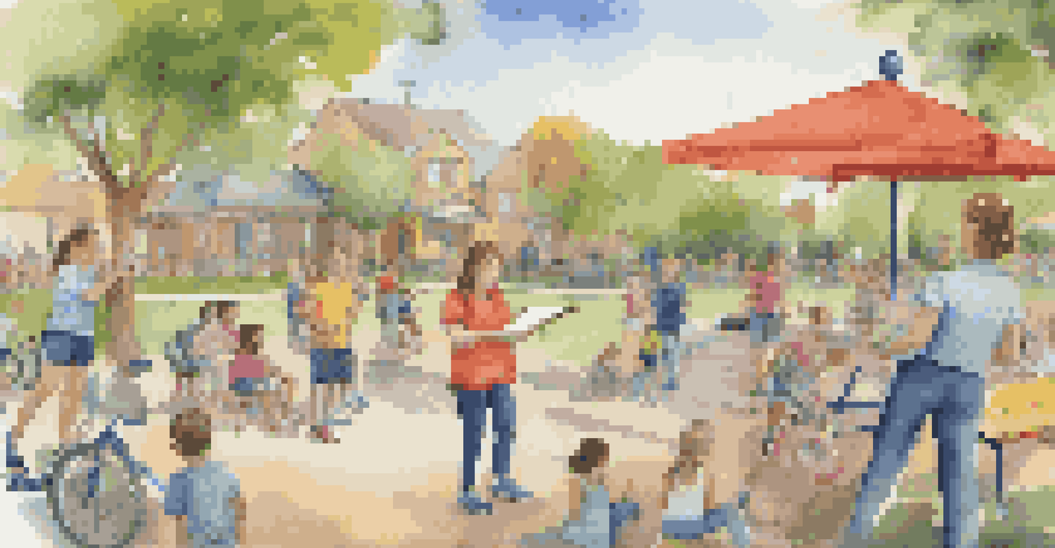 Close-up of hands holding a health survey clipboard with a lively community park in the background.