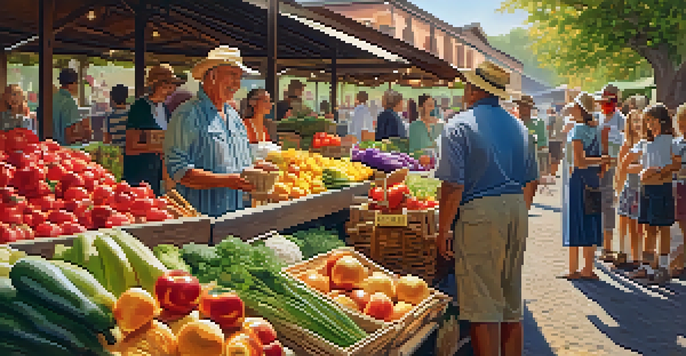 A lively farmer's market filled with fresh fruits and vegetables, people interacting, and a vendor serving a customer.
