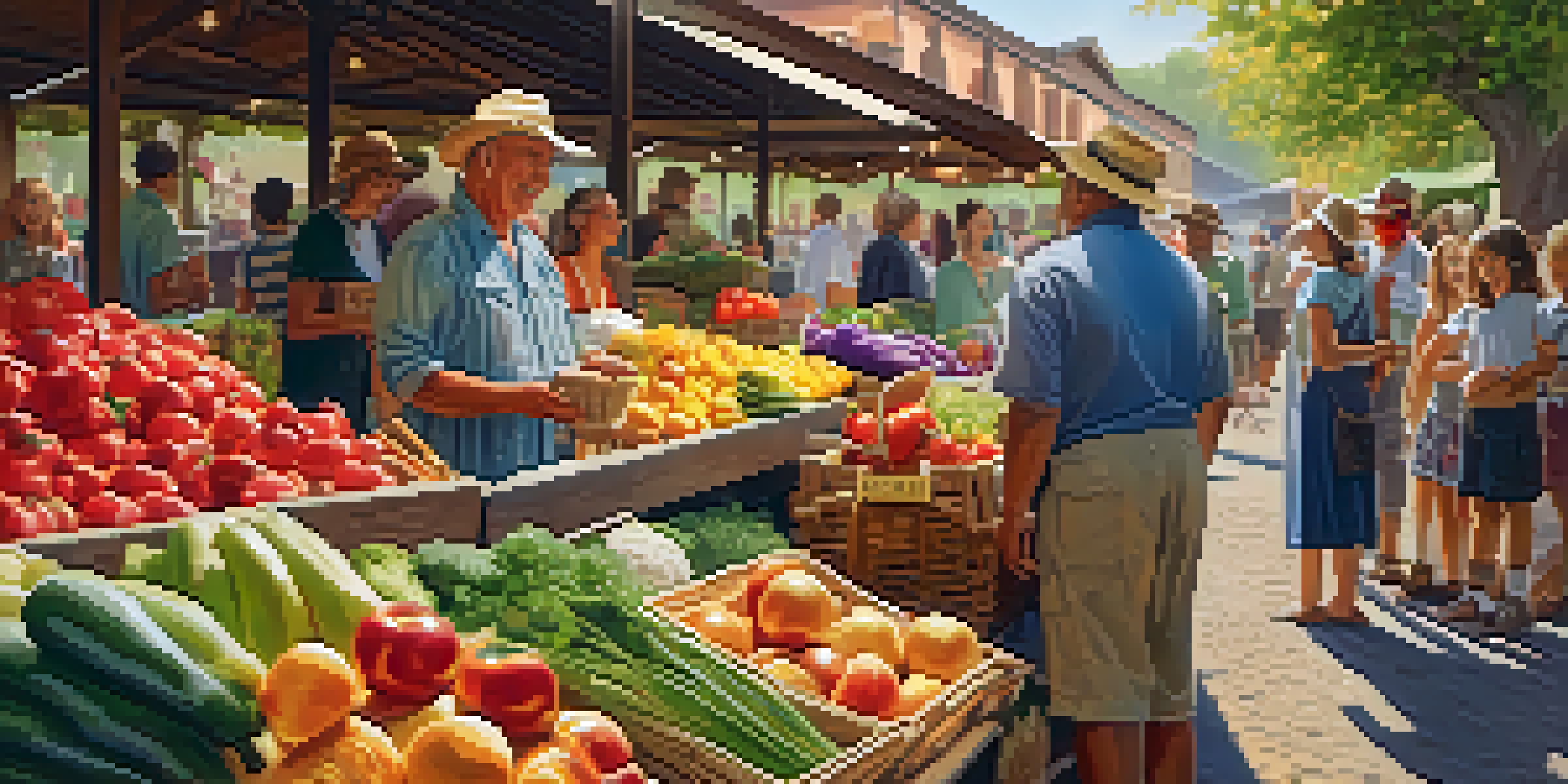 A lively farmer's market filled with fresh fruits and vegetables, people interacting, and a vendor serving a customer.