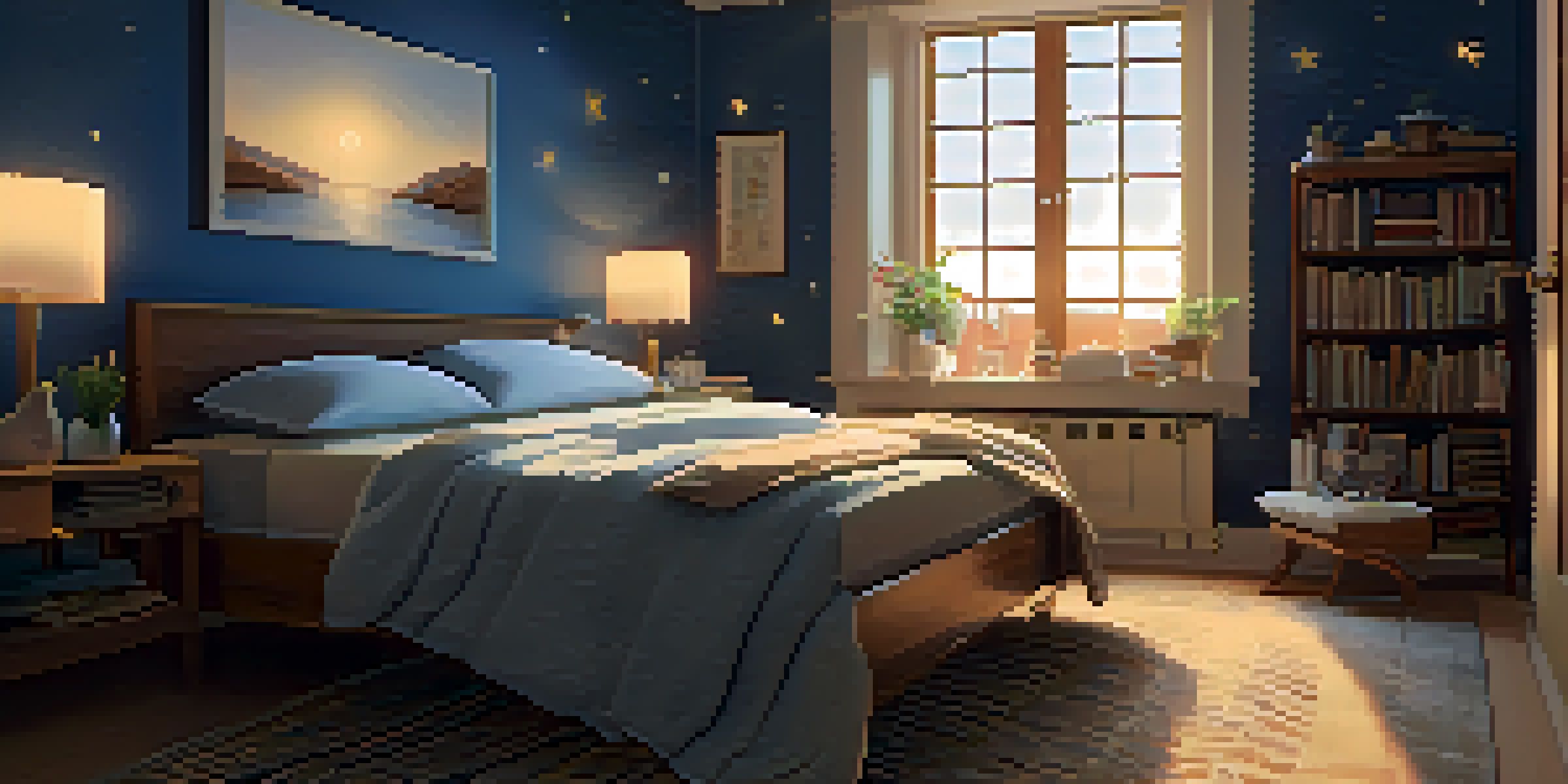 A cozy bedroom with a soft bed, warm lighting, and a window showing a starry night sky.