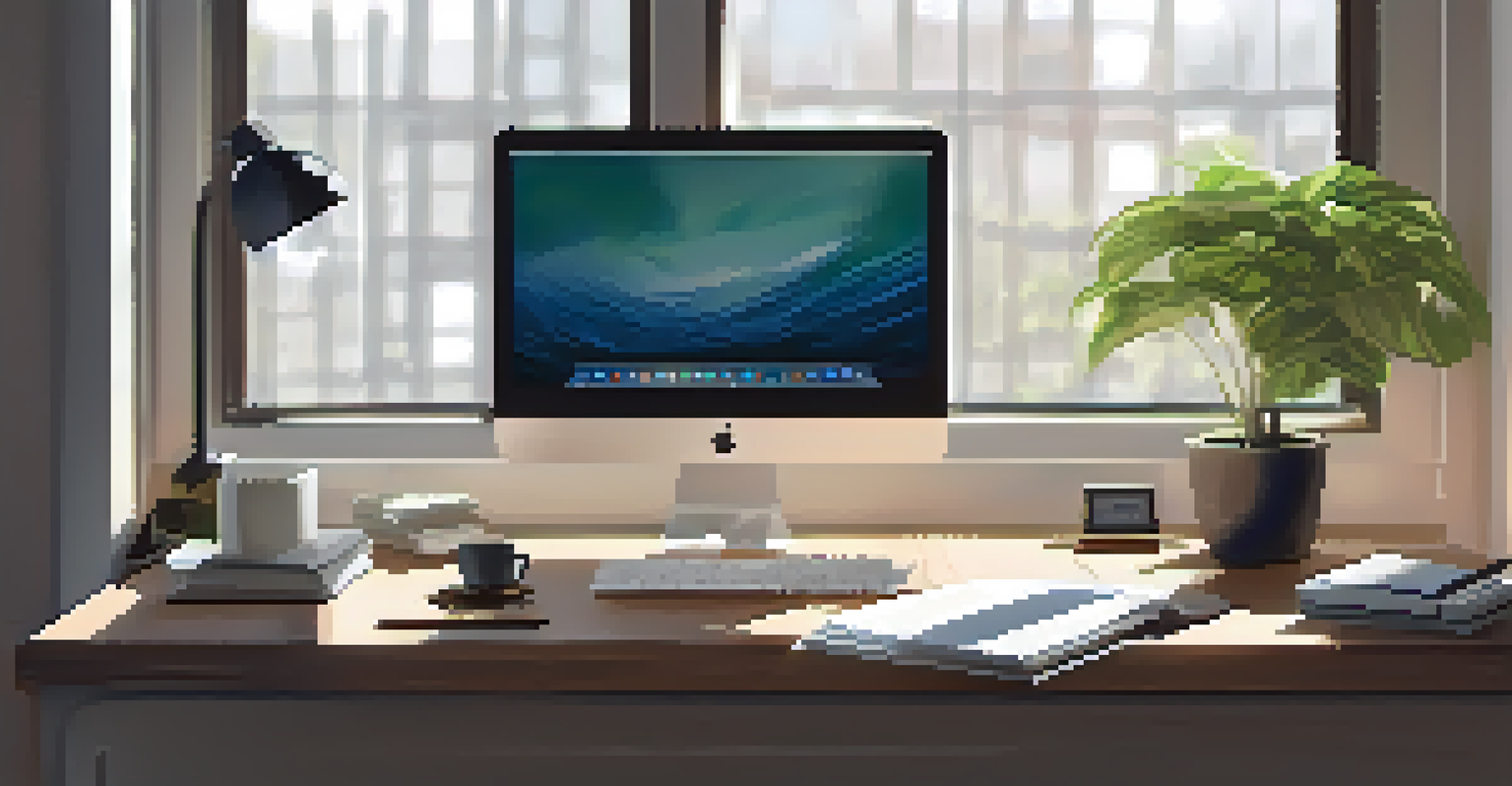 A minimalist workspace with a laptop and a plant, illuminated by natural light, emphasizing a calm and productive environment.