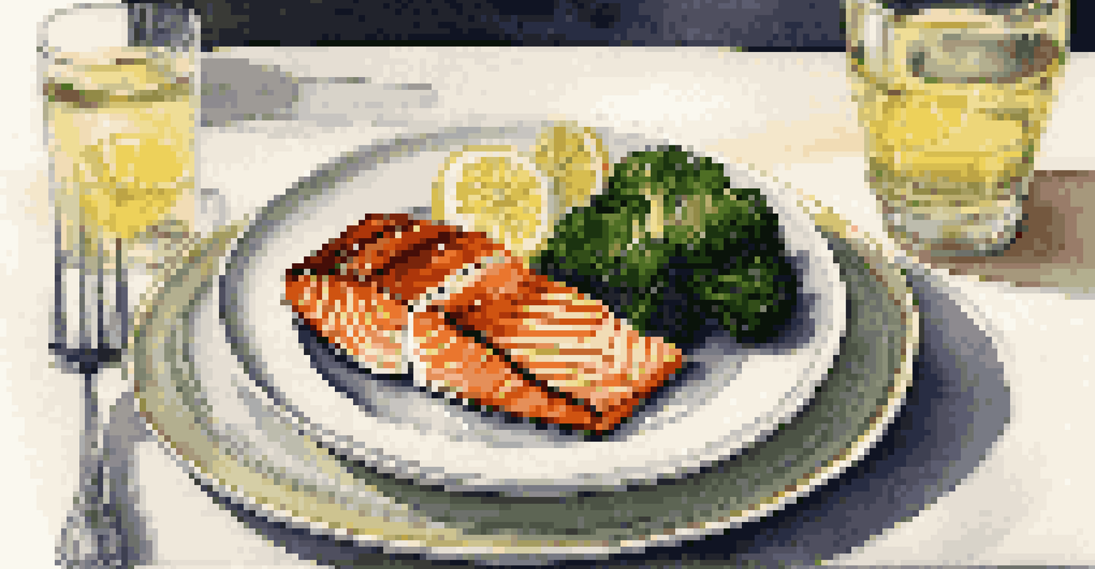A dinner plate displaying grilled salmon, quinoa, and steamed broccoli, set on a table with elegant dinnerware and candlelight.