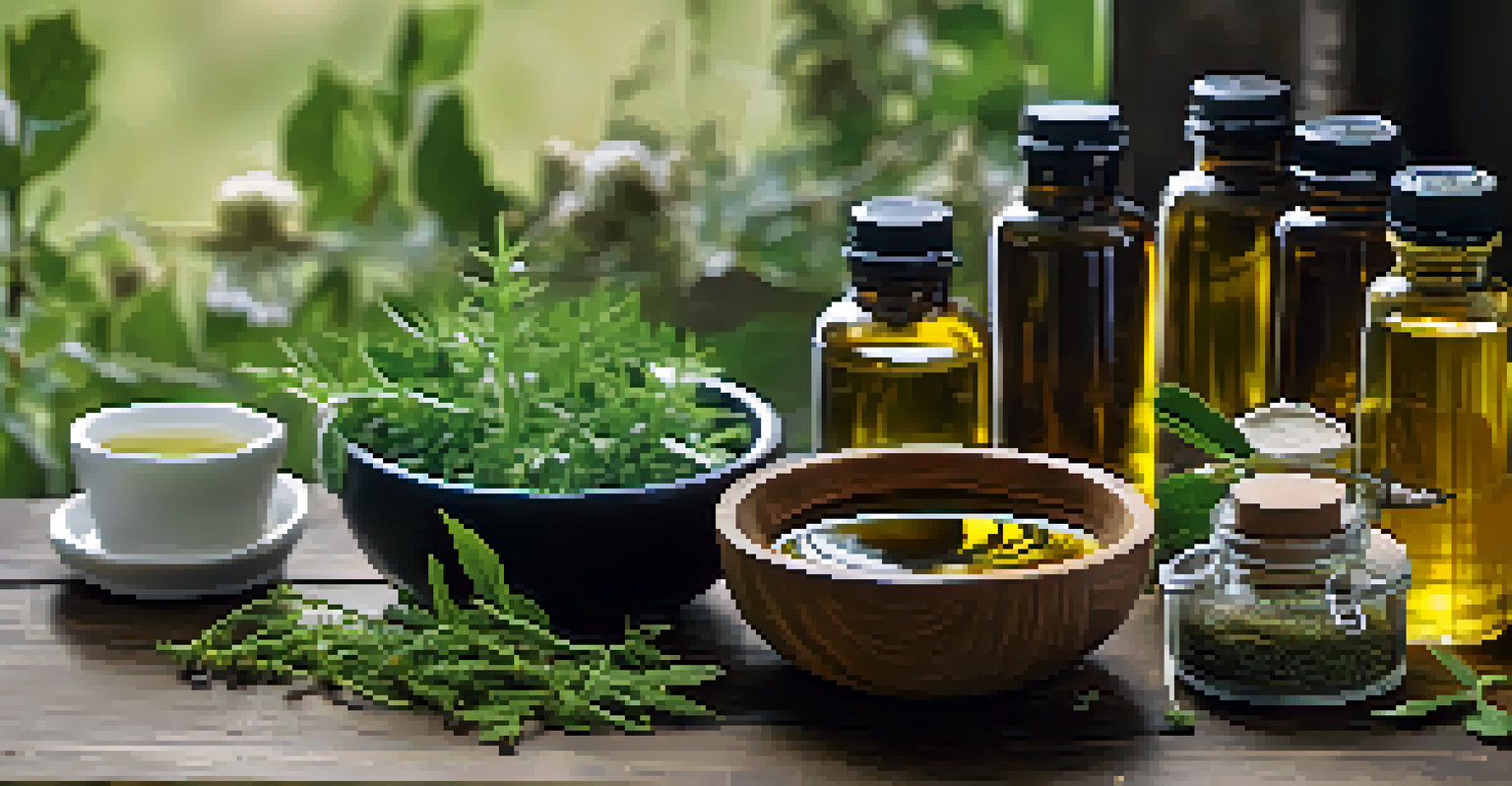 A close-up of herbal supplements and natural remedies on a wooden table, surrounded by herbs and tea.