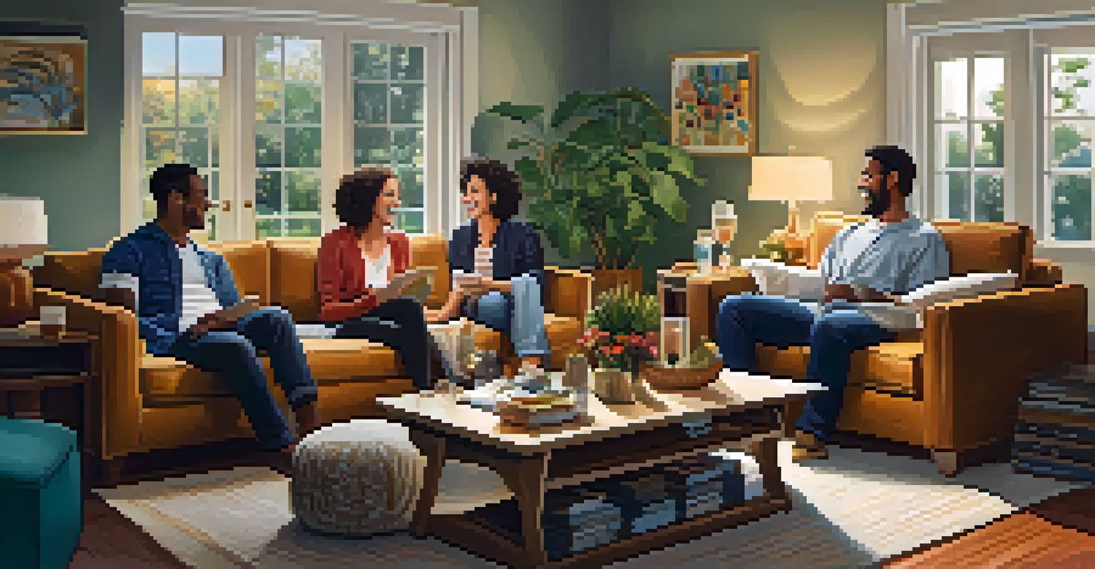A group of friends talking and laughing in a cozy living room filled with comfortable furniture.