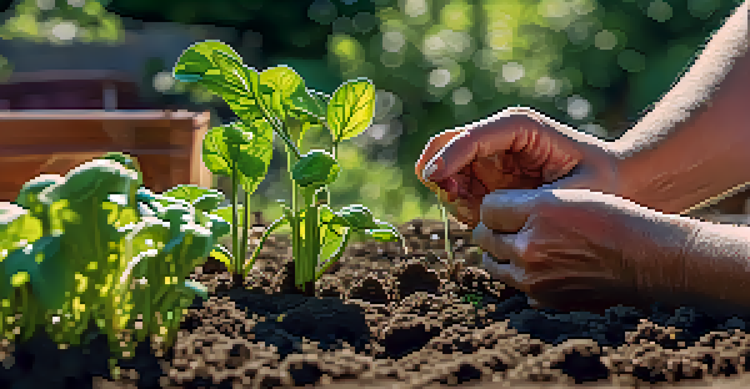 Close-up of hands planting seedlings in rich soil, showcasing the textures of the earth and green plants in a community garden.
