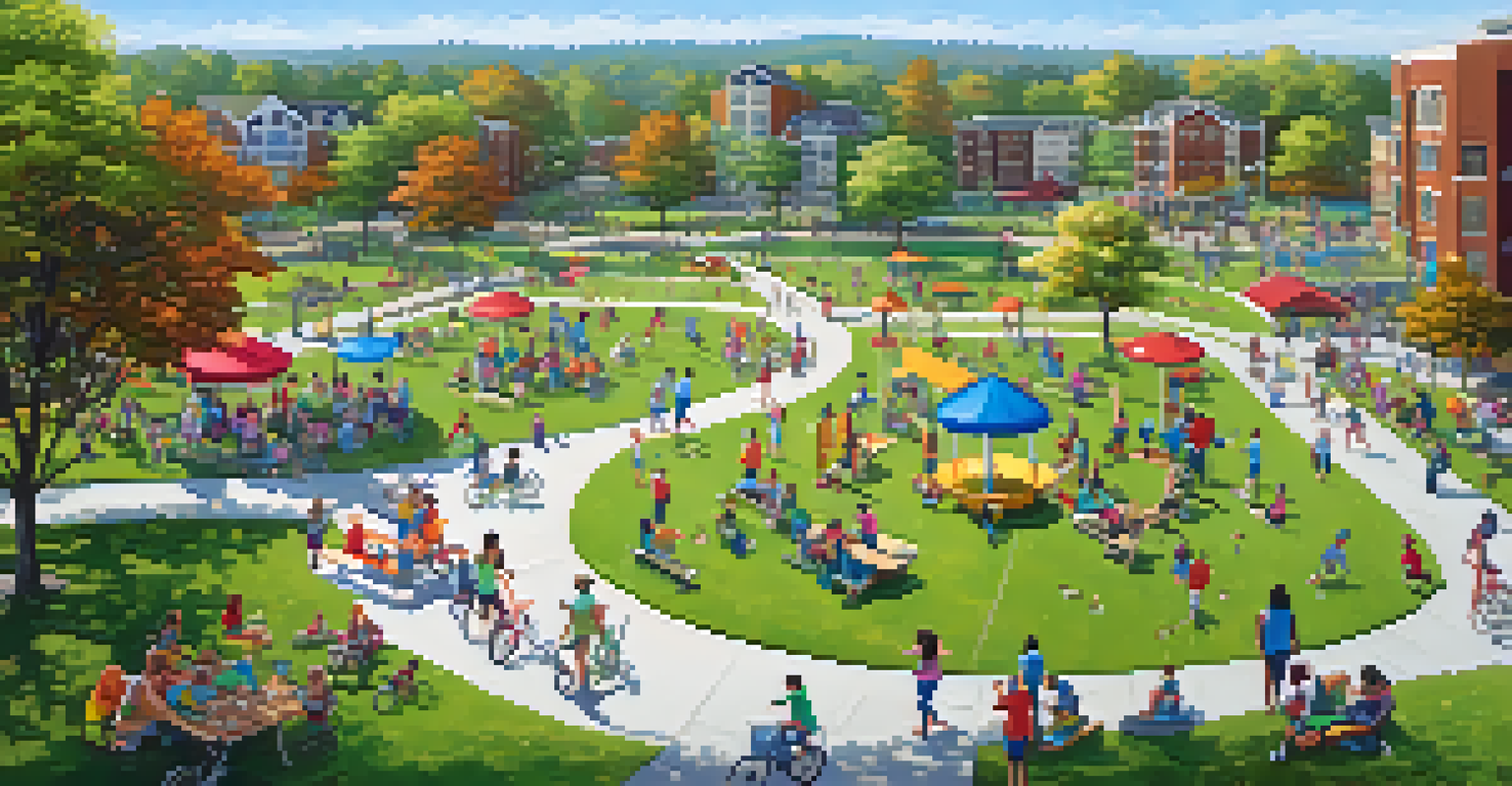 A lively community park filled with people engaging in physical activities, surrounded by greenery and colorful flowers.