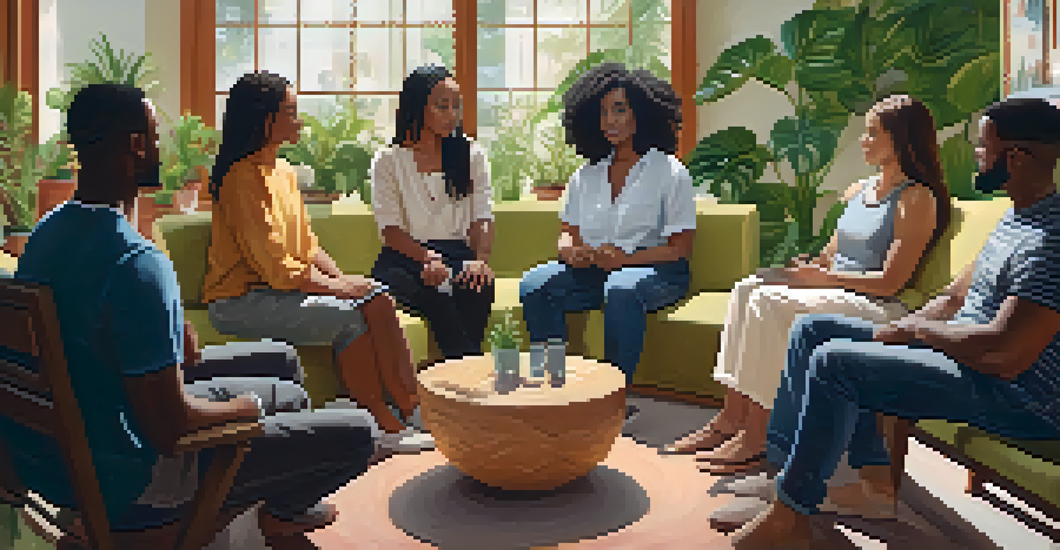 A diverse group of individuals sitting in a circle in a therapy session, sharing experiences in a warm and nurturing room.