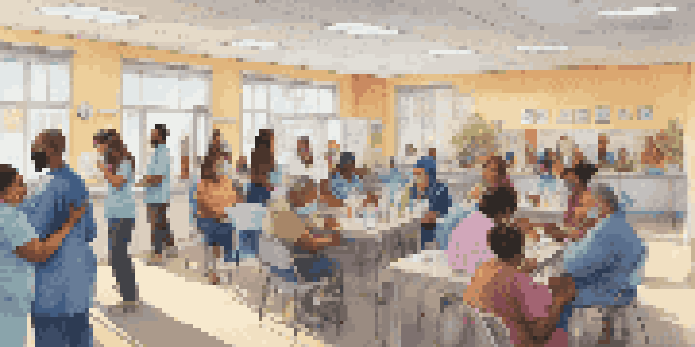 A diverse group of people participating in a vaccination event at a community health clinic, with healthcare professionals administering vaccines and colorful posters on the walls.