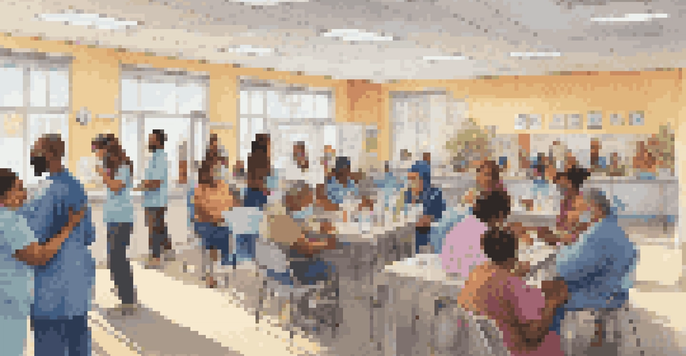 A diverse group of people participating in a vaccination event at a community health clinic, with healthcare professionals administering vaccines and colorful posters on the walls.