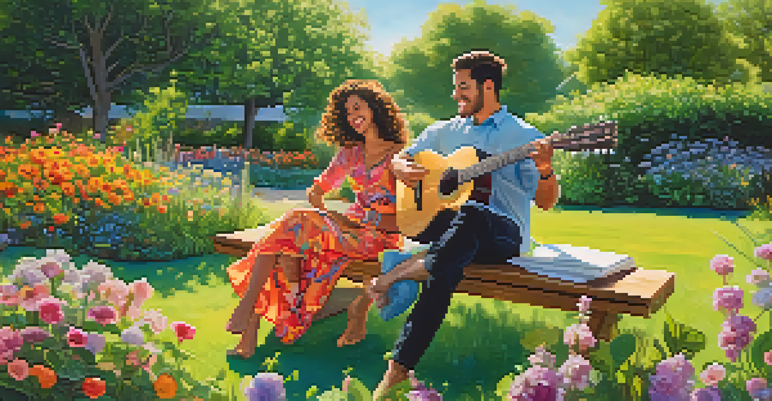 A couple in a garden, one partner painting and the other playing guitar, celebrating their individuality in a vibrant outdoor setting.
