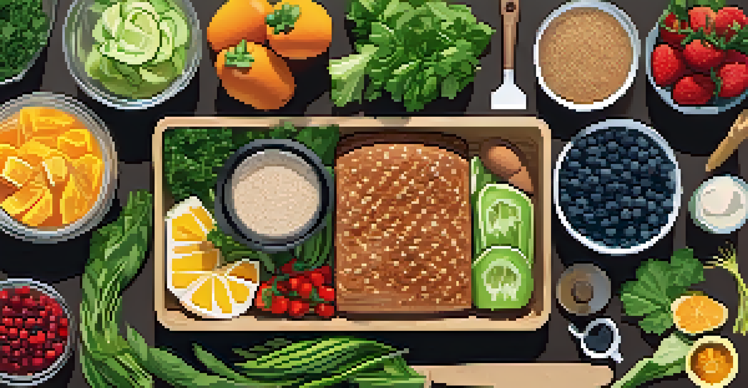 An overhead view of a meal prep station filled with fresh ingredients for healthy cooking, with natural light highlighting the vibrant colors.