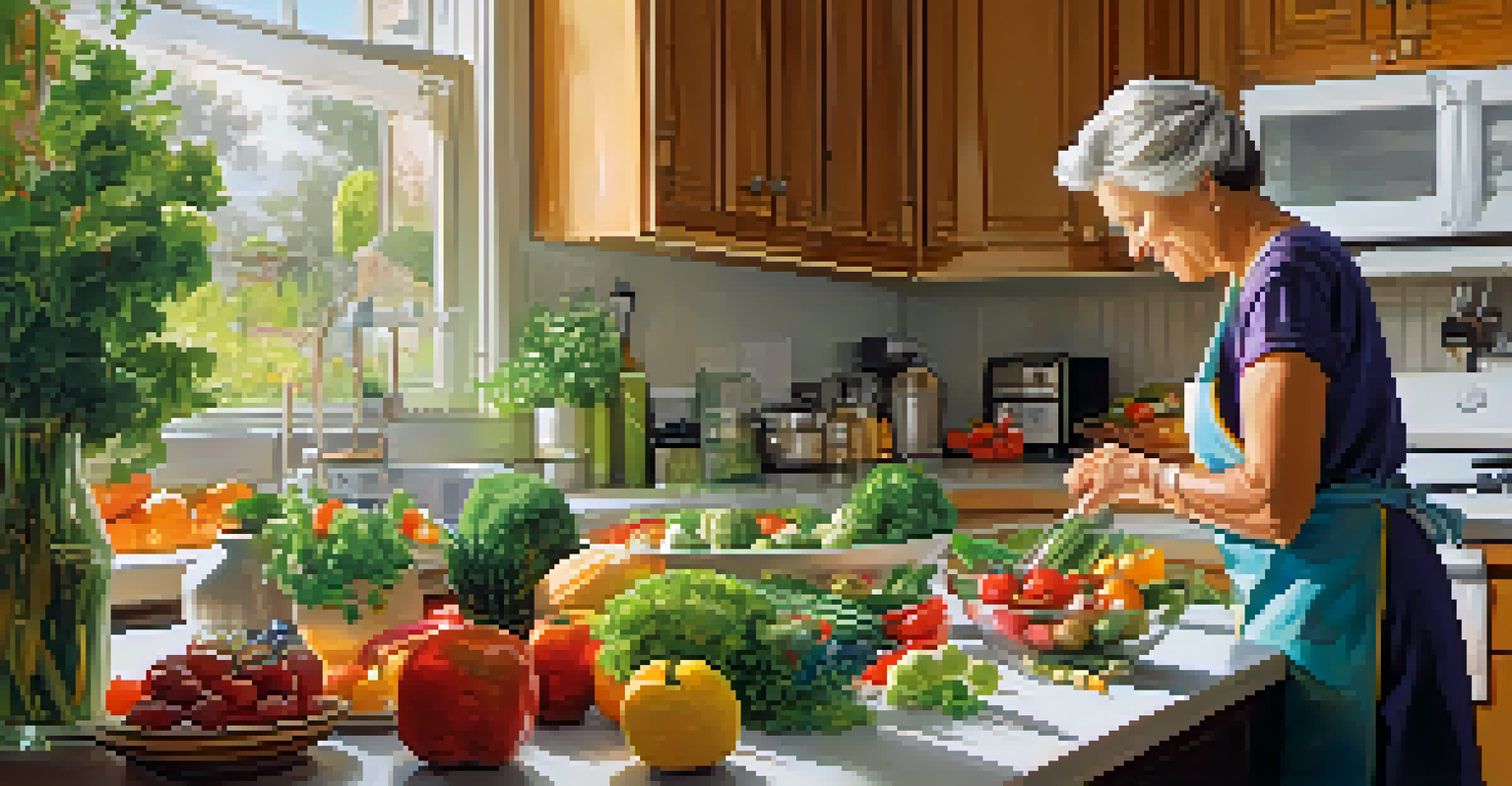A lively kitchen with an older adult cooking a healthy meal, surrounded by fresh ingredients and a recipe book, illustrating the joy of nutrition.