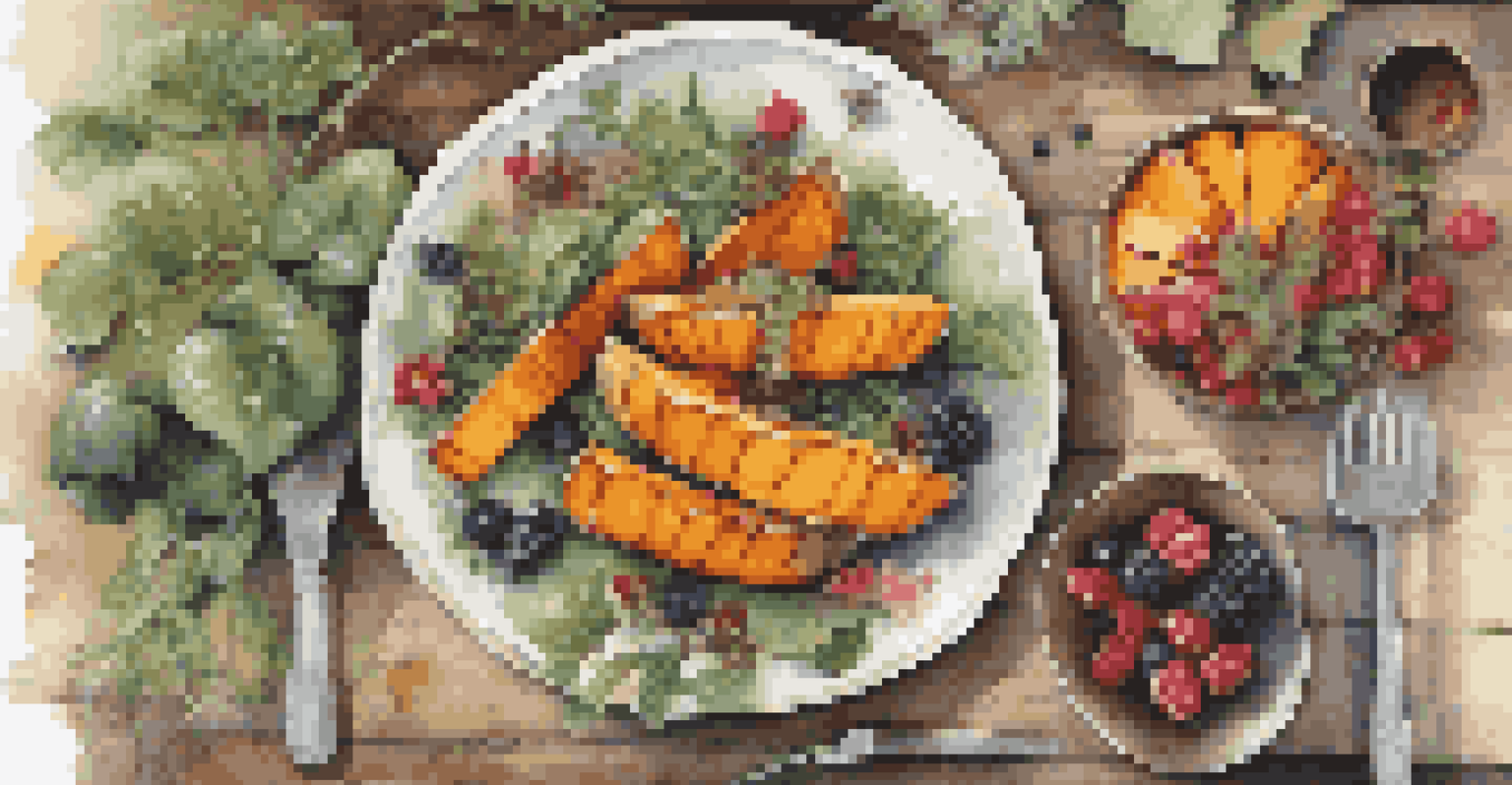 A plate of seasonal dishes including roasted squash and fresh greens, set on a rustic table with a garden backdrop.