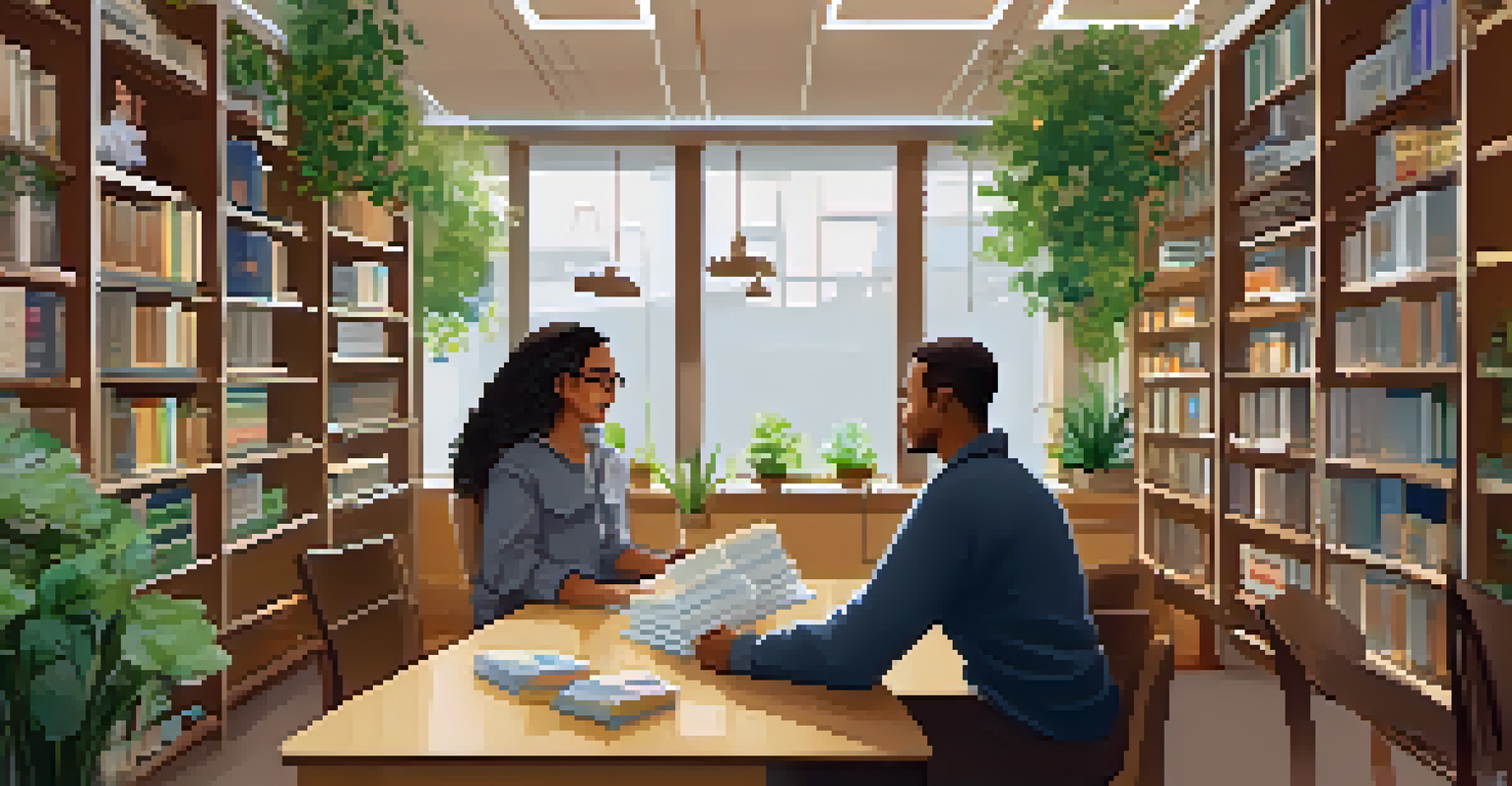A financial resource center with an advisor helping a young couple, surrounded by books and pamphlets about budgeting and saving.