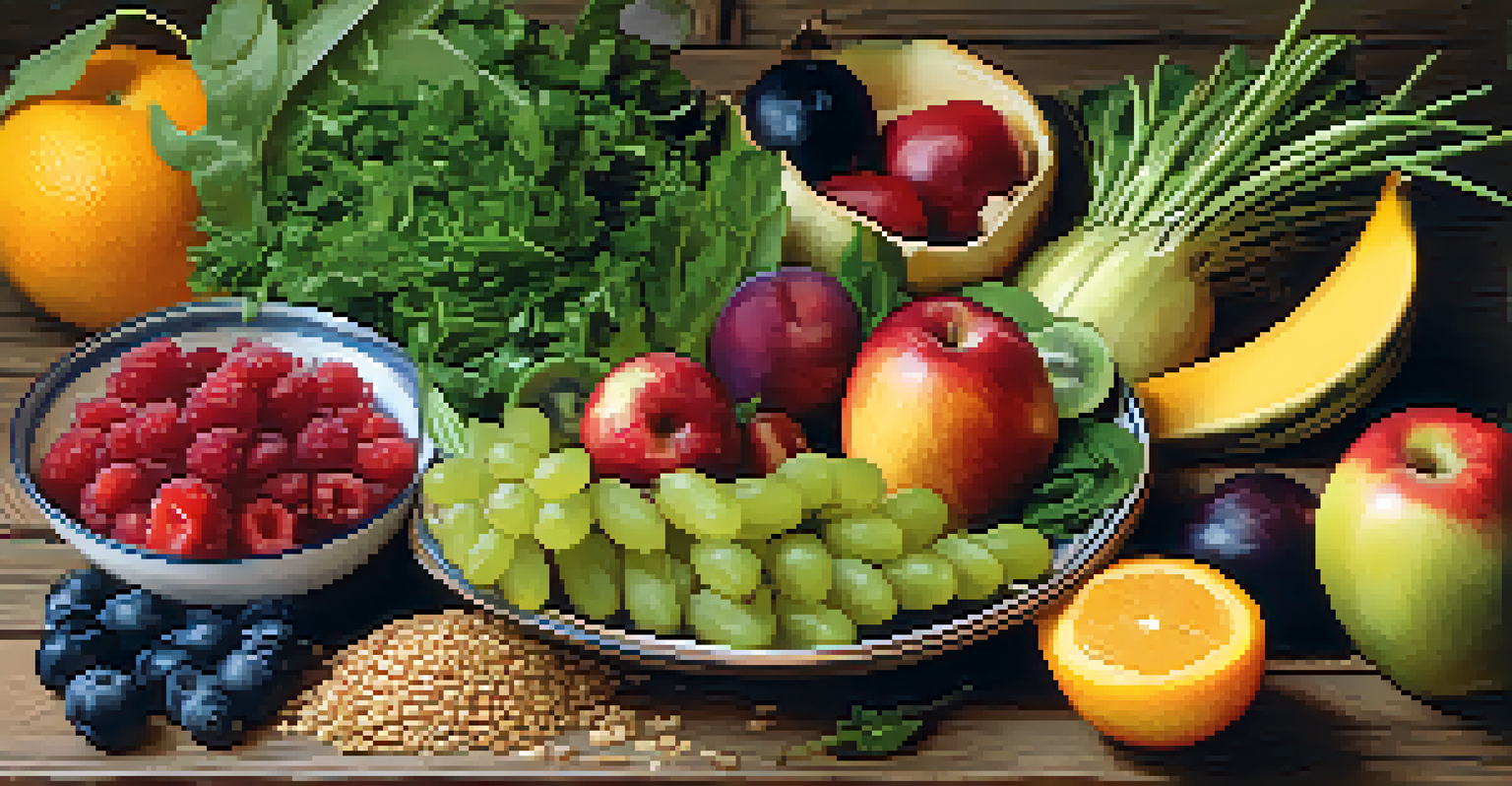 A colorful plate of healthy foods, including fruits, vegetables, and grains, arranged on a wooden table.
