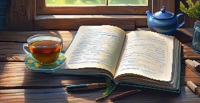 A close-up of an open gratitude journal with a cup of tea on a wooden table.