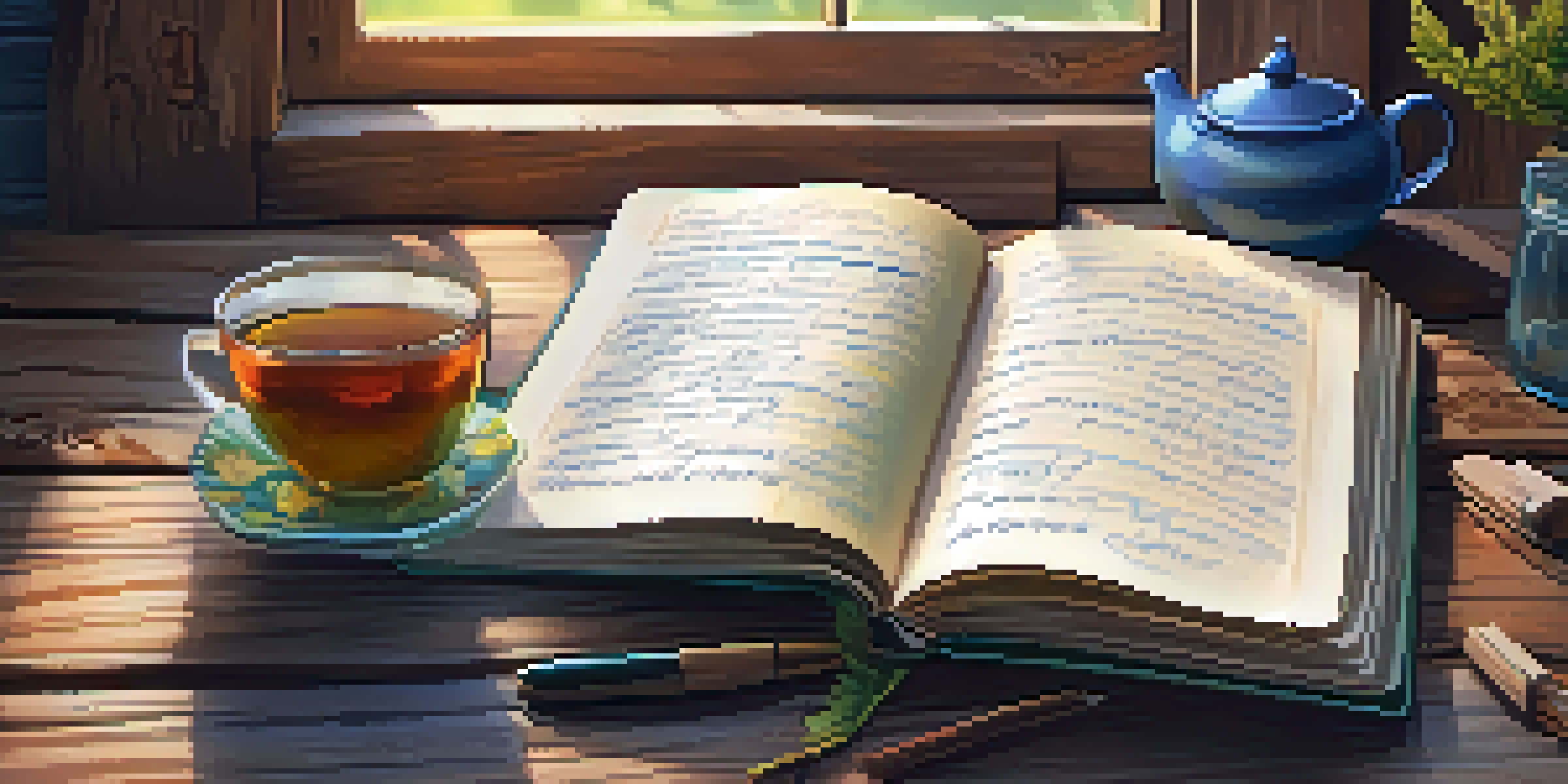 A close-up of an open gratitude journal with a cup of tea on a wooden table.