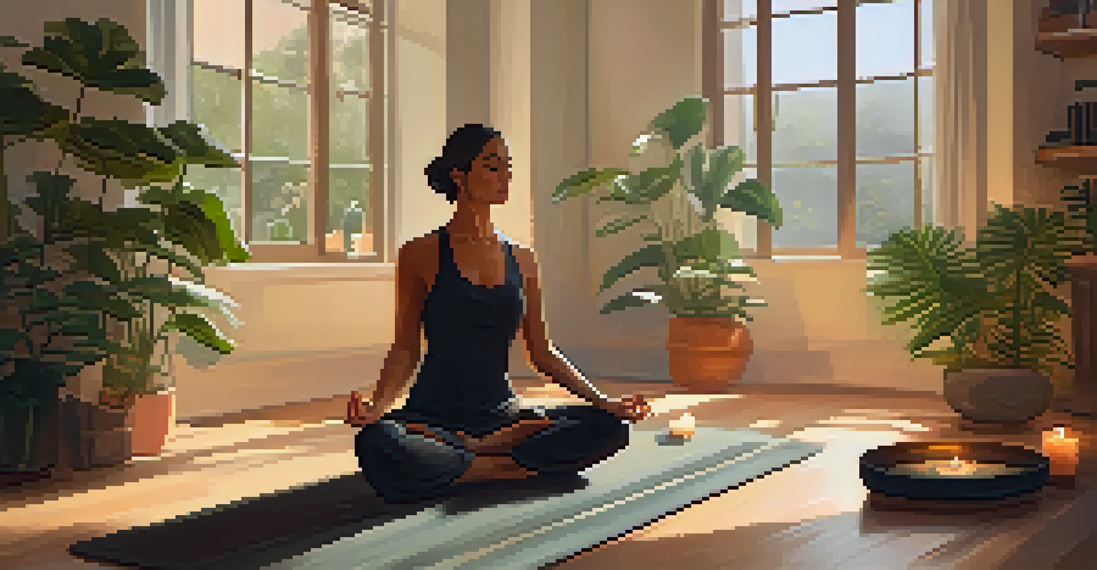 A cozy indoor yoga space with a mat, cushions, and plants, featuring a person in meditation surrounded by candles.