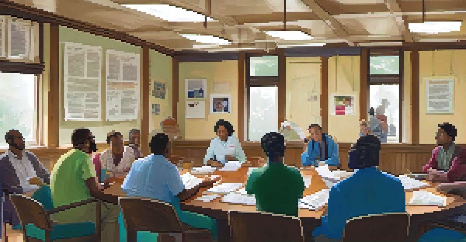 A cozy indoor community meeting with health officials and residents collaborating at a round table, surrounded by posters about health programs in a warmly lit room.