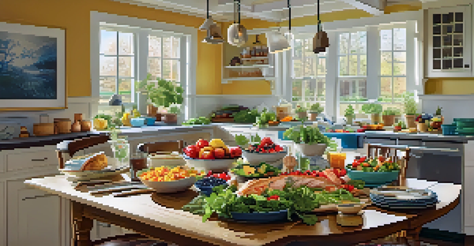 A cozy kitchen table with a colorful spread of healthy meals, including salad, berries, and grilled fish, illuminated by natural light.