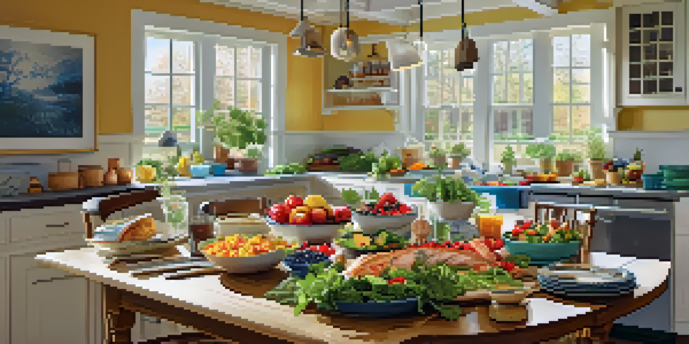 A cozy kitchen table with a colorful spread of healthy meals, including salad, berries, and grilled fish, illuminated by natural light.