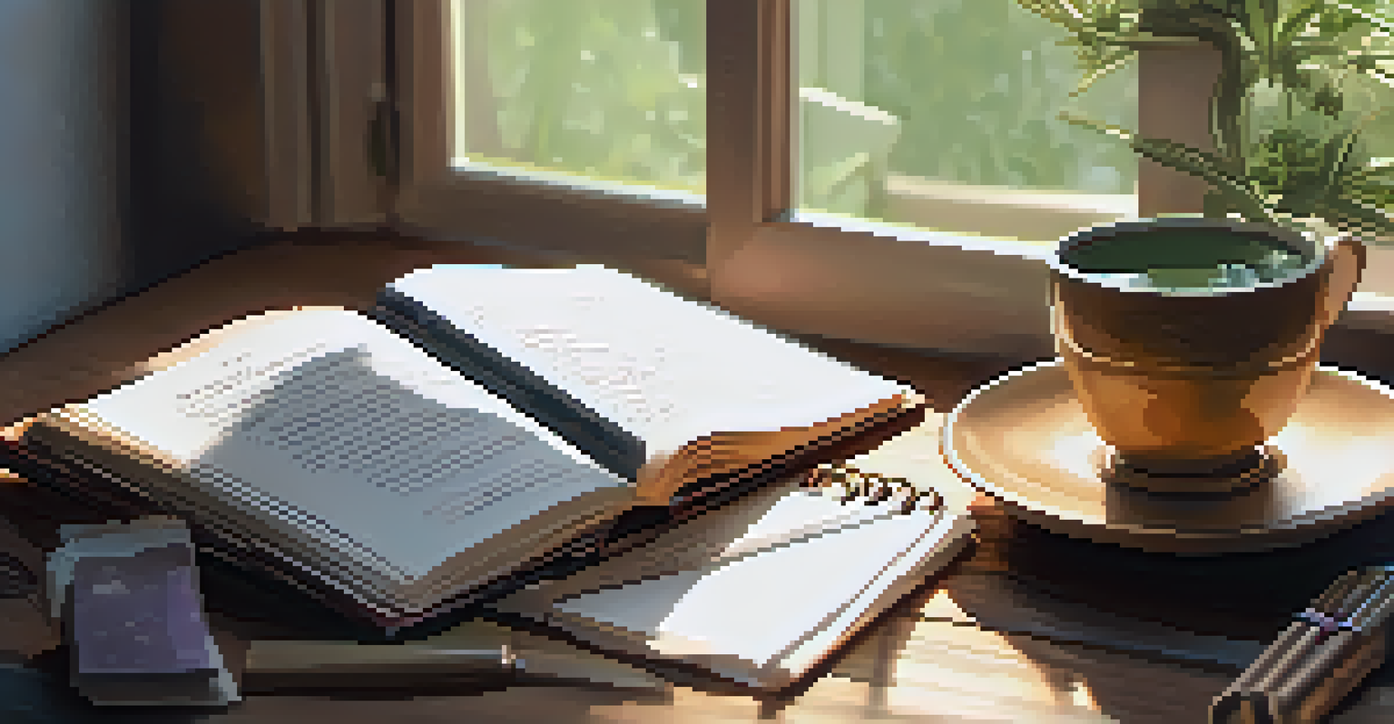 A student's hands on a desk with a mindfulness journal and tea.