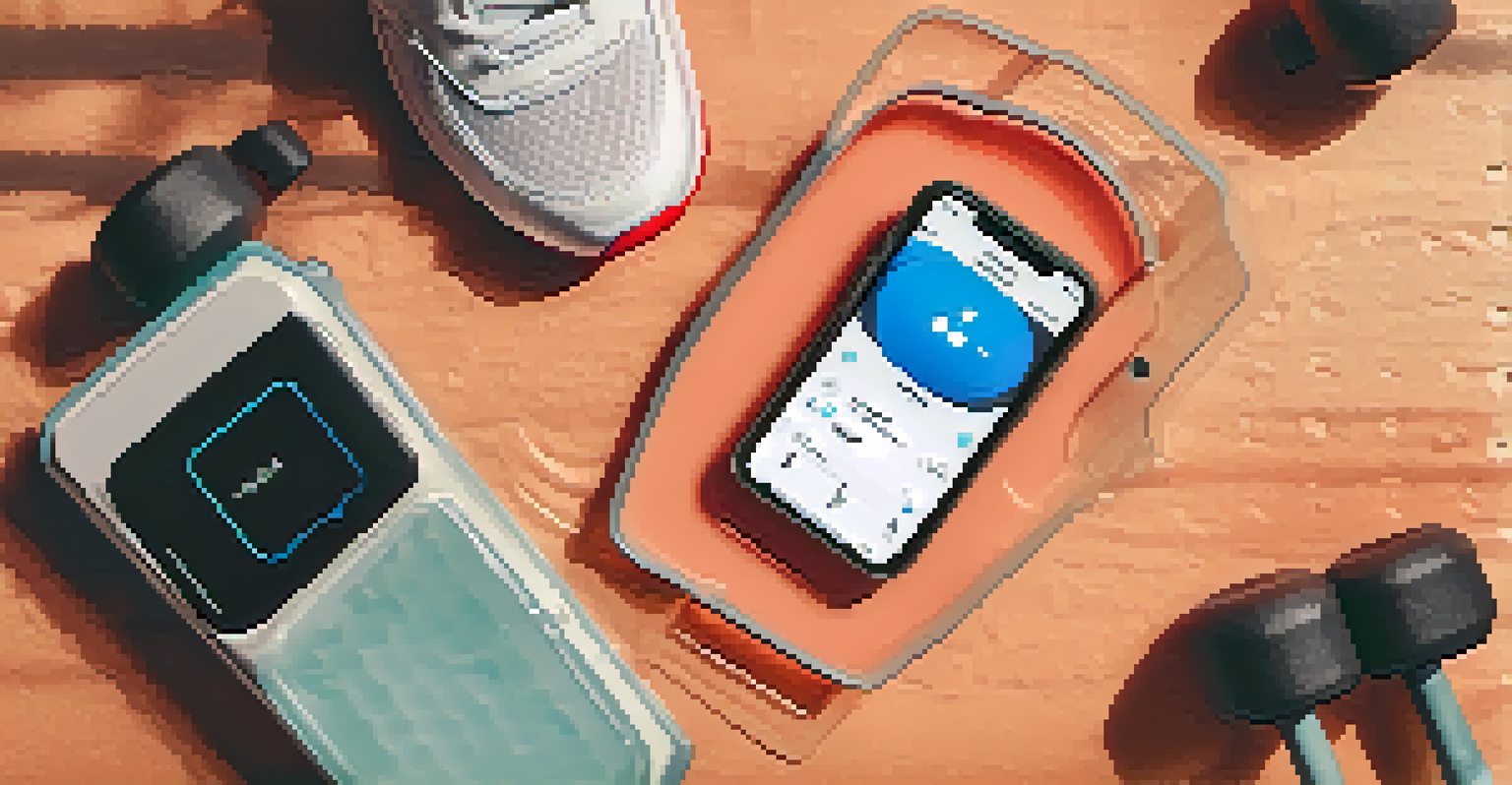 An overhead view of a smartphone showing fitness tracking metrics, surrounded by workout gear on a textured surface.