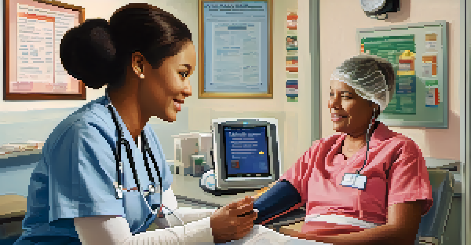 A nurse checking a new parent's blood pressure in a bright clinic, showcasing a friendly health screening environment.