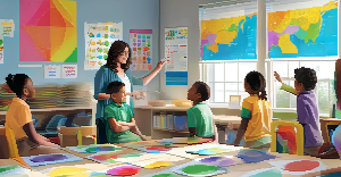 A classroom filled with diverse children attending a food allergy education workshop, with a teacher pointing at a chart of allergens.