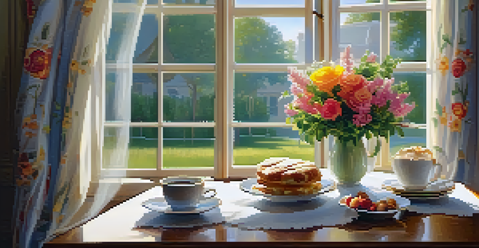A cozy breakfast table by a sunlit window with a steaming cup of coffee and a fresh pastry, illuminated by warm sunlight.