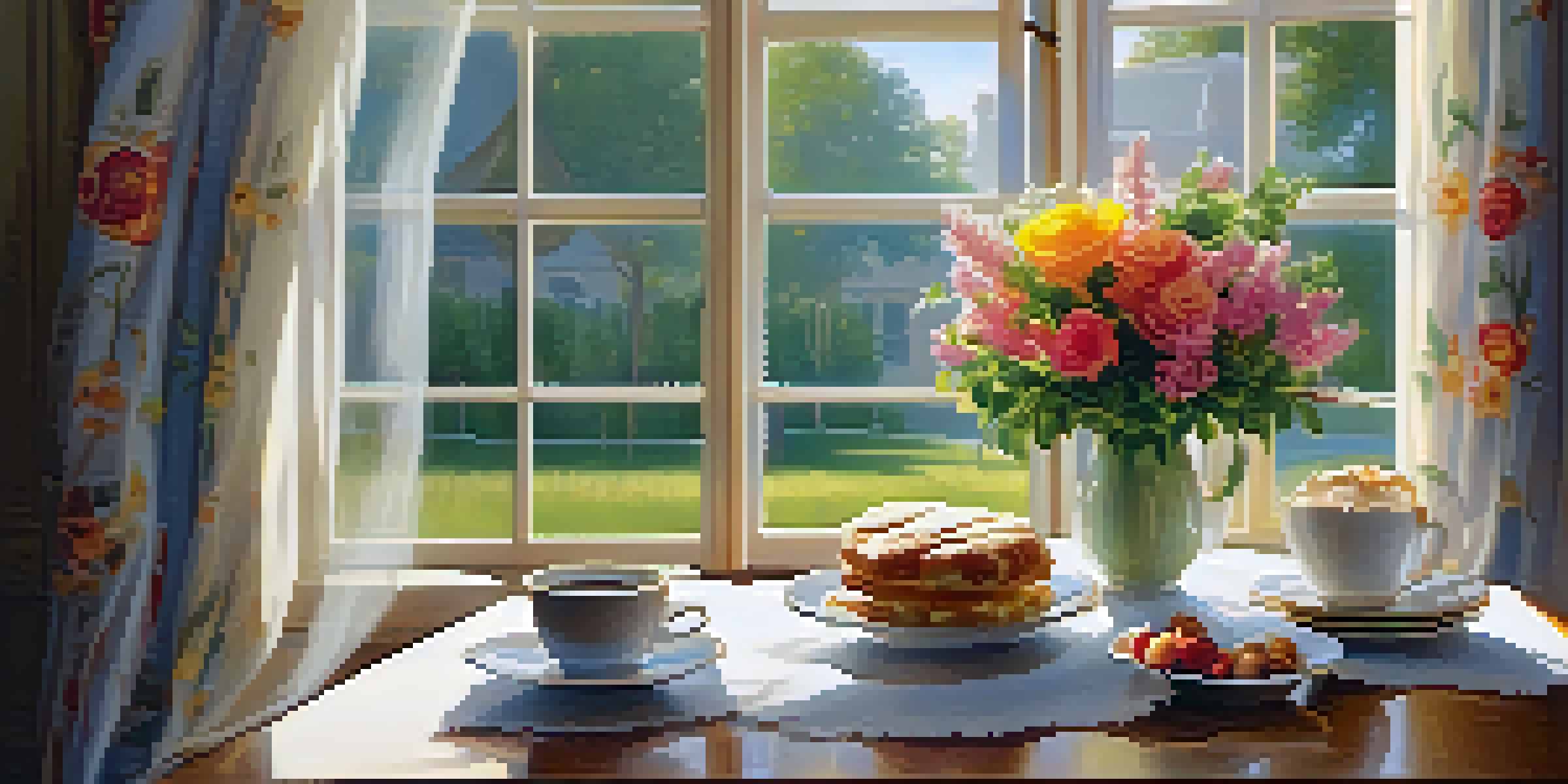 A cozy breakfast table by a sunlit window with a steaming cup of coffee and a fresh pastry, illuminated by warm sunlight.