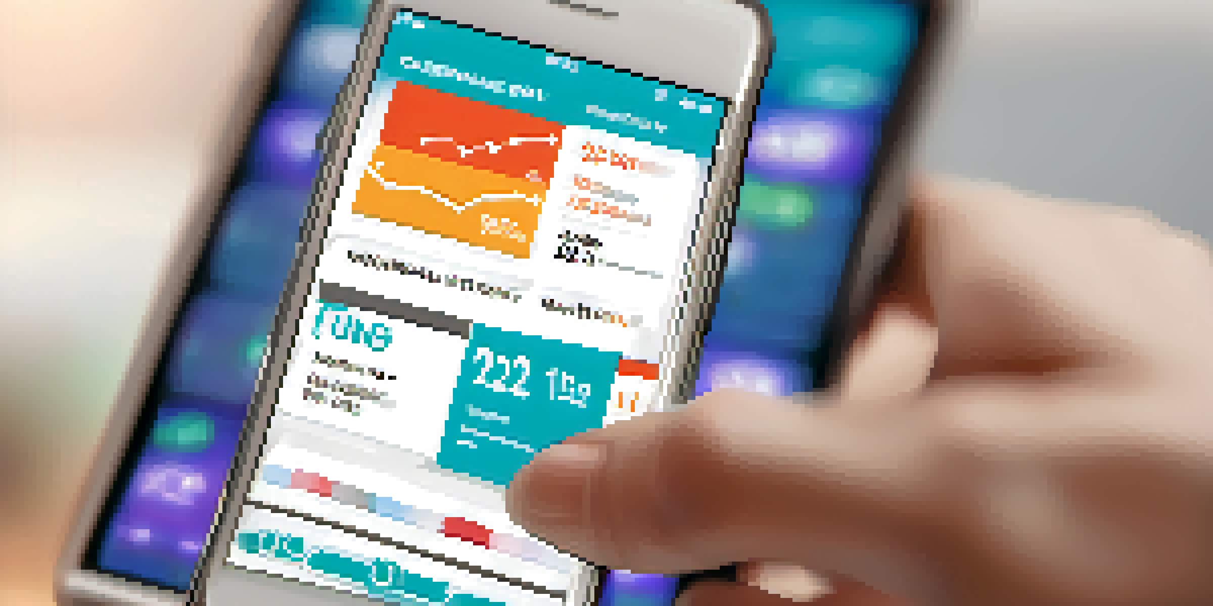 A smartphone showing a healthcare app with health metrics in a medical office setting.