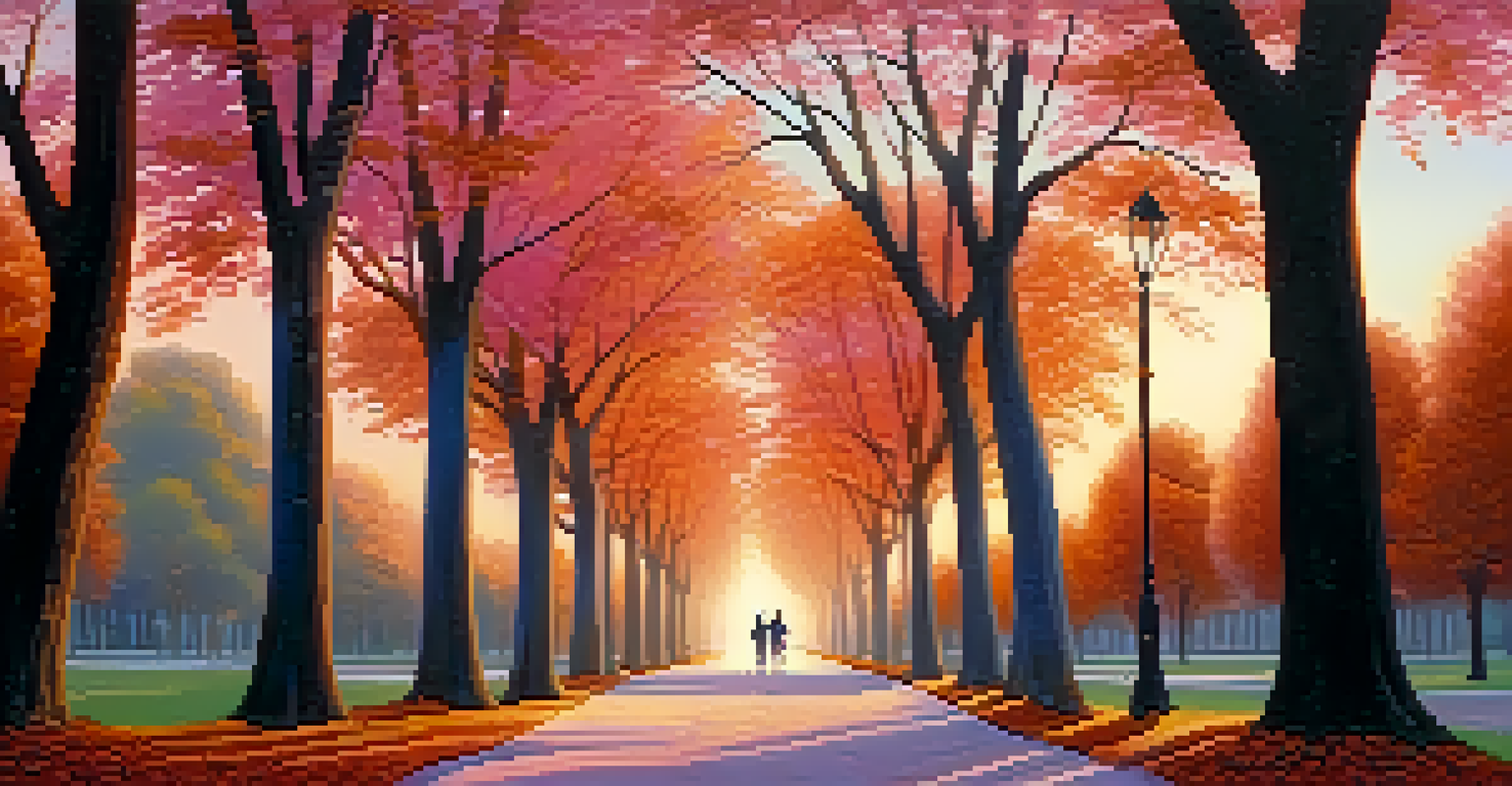 A couple walking hand-in-hand in a park during sunset, with colorful skies and trees around them.