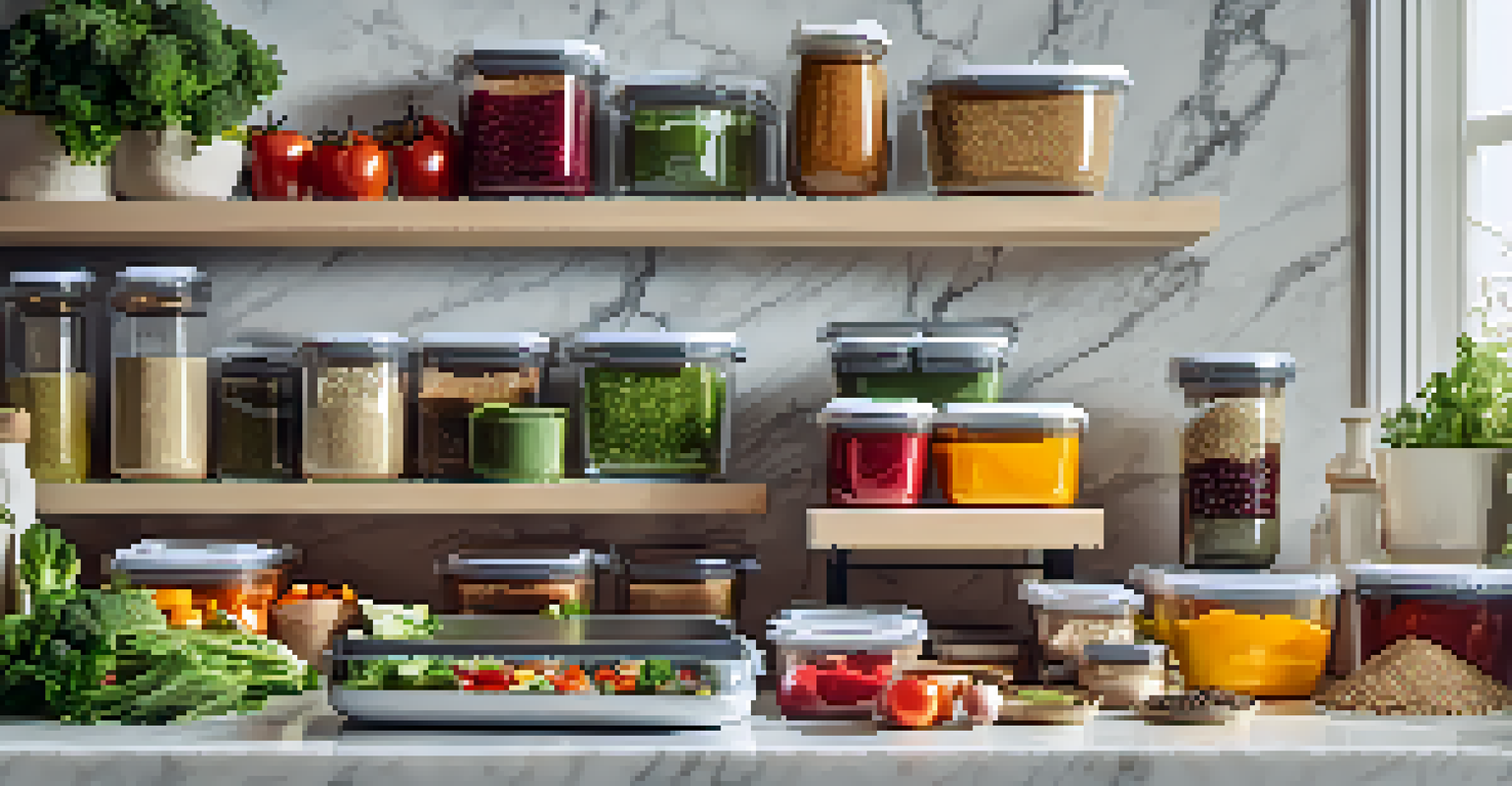 An organized meal prep station with containers of colorful, nutritious meals for the week, displayed on a marble countertop.
