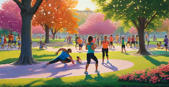 A community park at sunset with people jogging, practicing yoga, and playing frisbee amid lush greenery and colorful flowers.