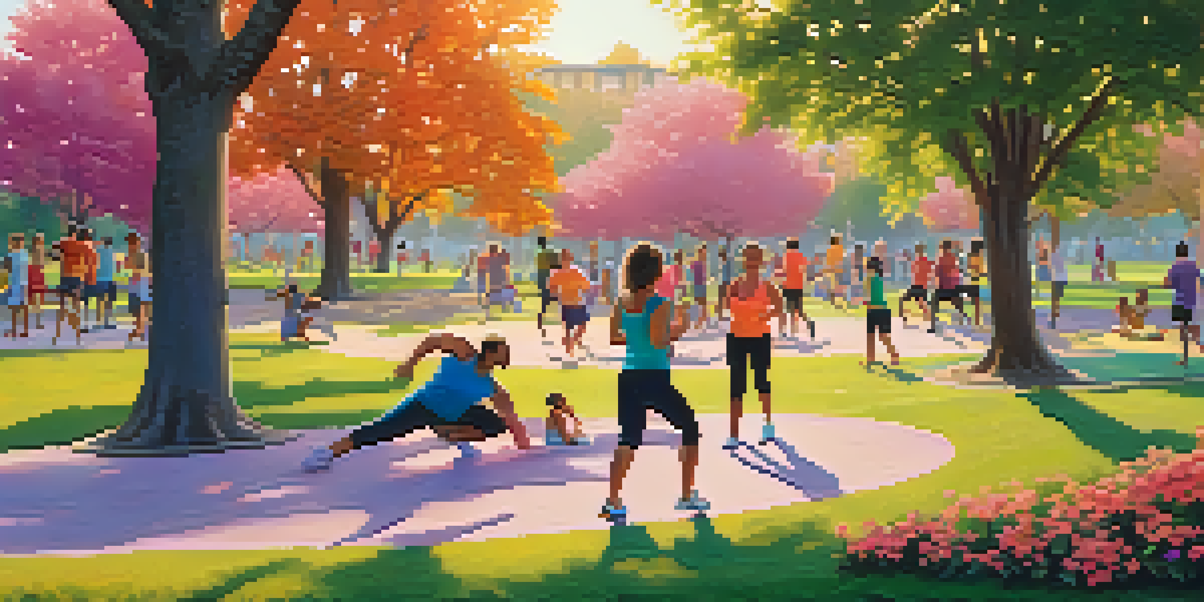 A community park at sunset with people jogging, practicing yoga, and playing frisbee amid lush greenery and colorful flowers.