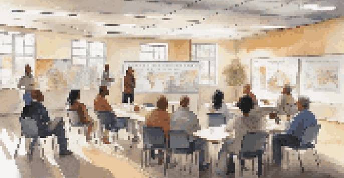 A diverse group of people gathered in a room discussing crisis management, with sunlight streaming through windows and notes on the whiteboard.