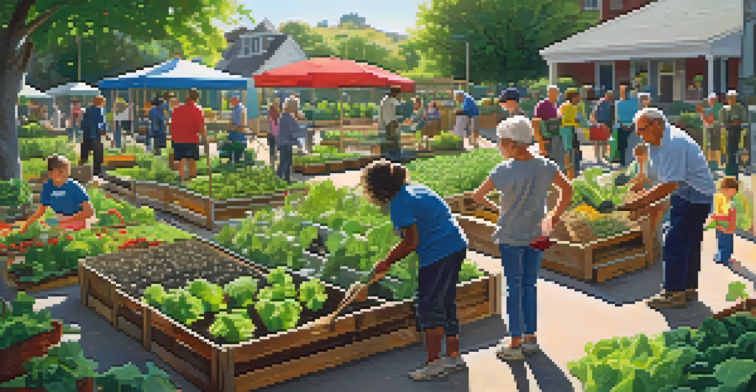 A vibrant community garden with diverse locals planting vegetables and fruits, surrounded by lush greenery and sunlight.