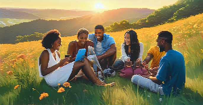 A diverse group of people sitting on a grassy hill, discussing and sharing positive social media posts during sunset.