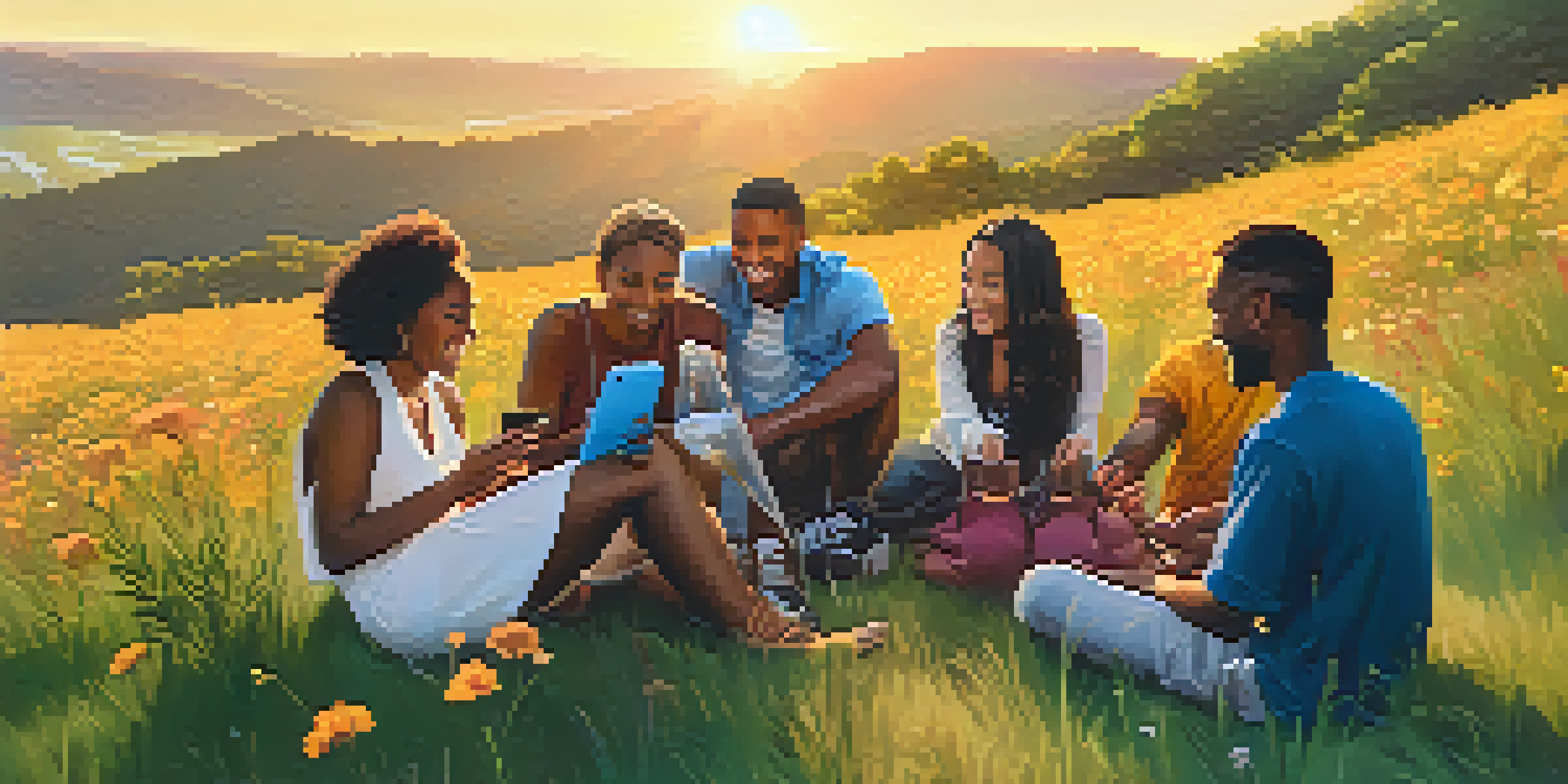 A diverse group of people sitting on a grassy hill, discussing and sharing positive social media posts during sunset.