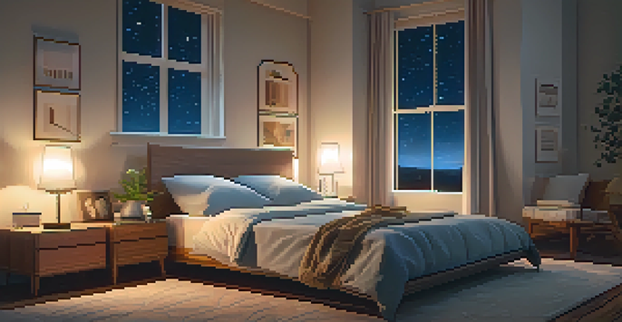 A cozy bedroom scene with a soft bed, warm lighting from a lamp, a starry sky visible through the window, and a sleep tracker on the nightstand.