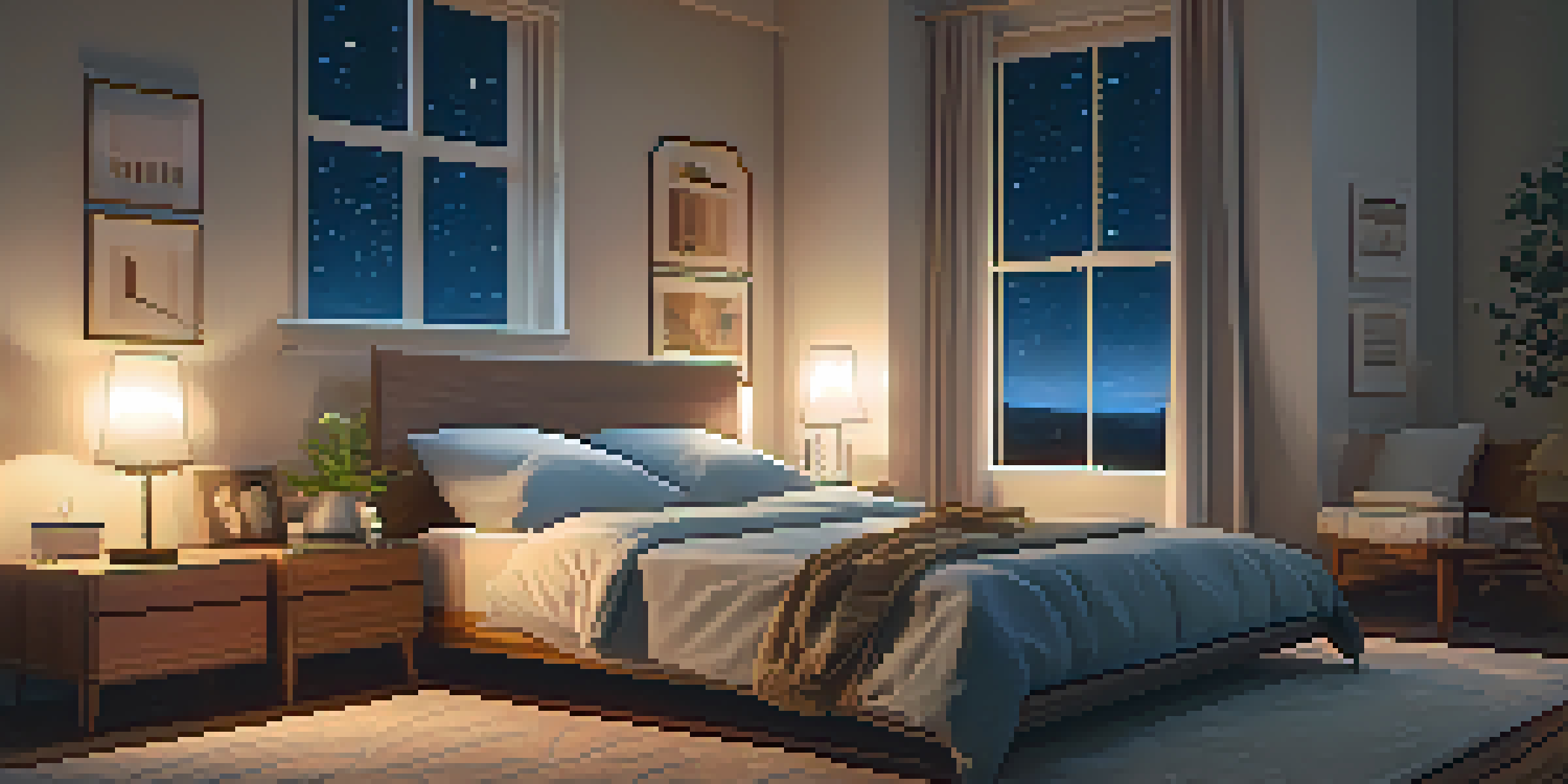 A cozy bedroom scene with a soft bed, warm lighting from a lamp, a starry sky visible through the window, and a sleep tracker on the nightstand.