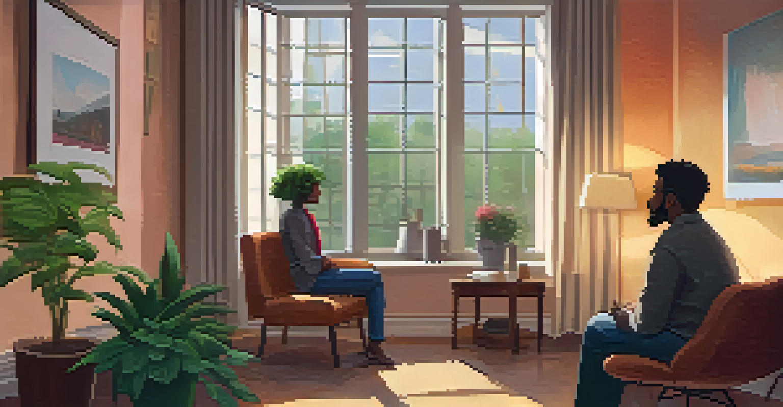 A mental health professional and a distressed individual sitting in a cozy counseling room, engaged in a supportive conversation.