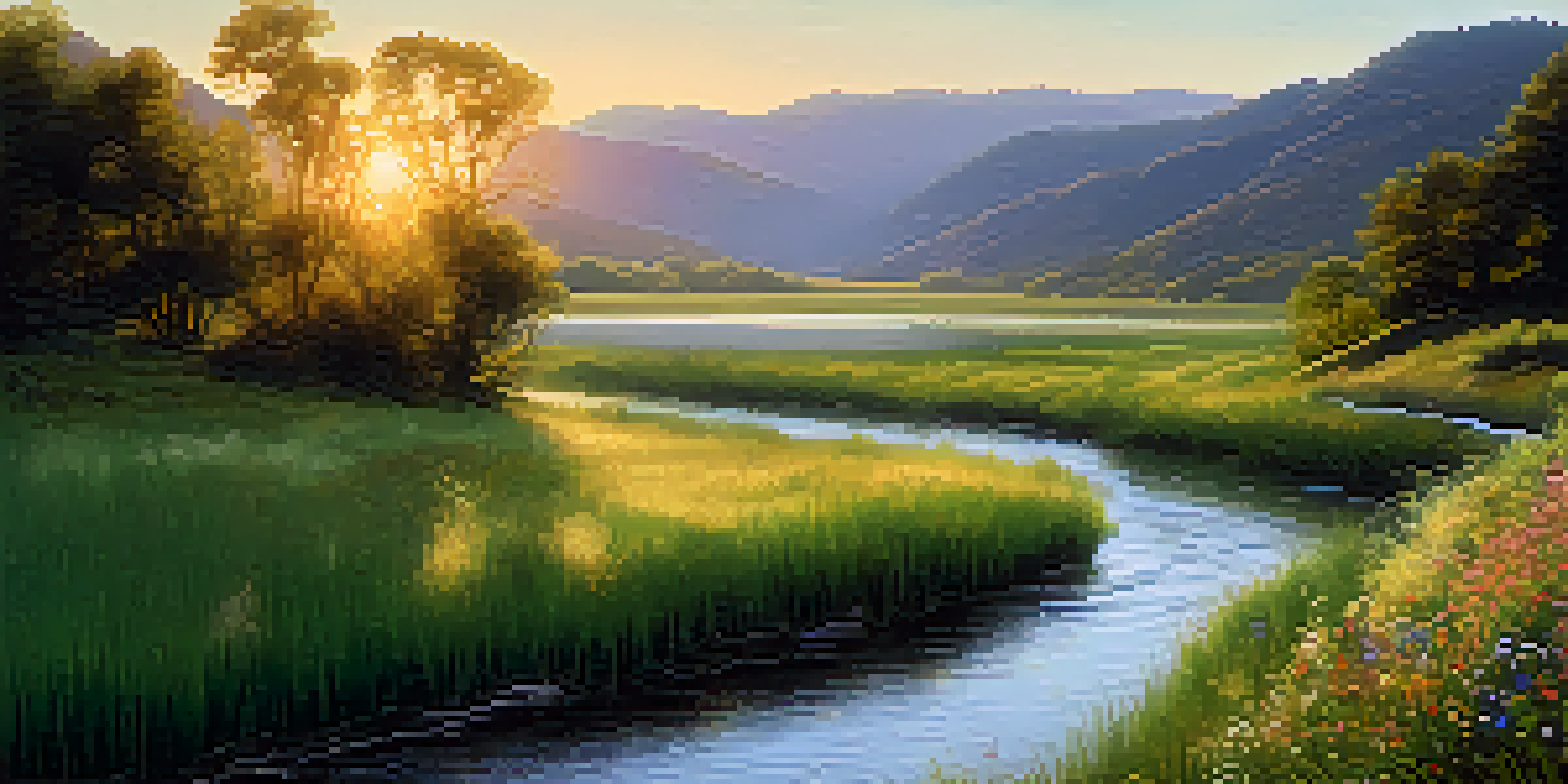 A peaceful river in a green valley with a sunrise and colorful wildflowers along the banks.