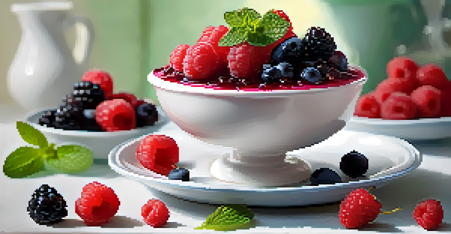 A bowl of berry compote over yogurt, garnished with mint leaves, on a light textured background.